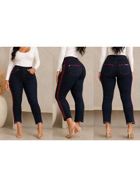 Baddie Bombshell NYGARD Luxe Denim Curvy Skinny Jeans Red Stripe Raw Hem | M